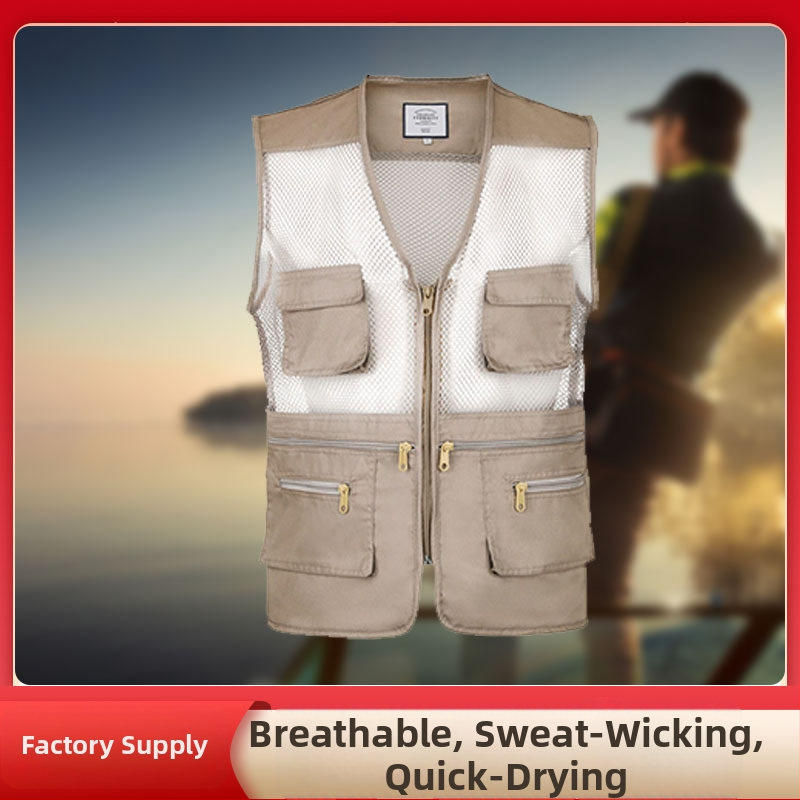 Mužská letná vesta, priedušná, ľahká, so zipsom, V výstrihom, voľný strih, viacero vreciek, vhodná pre všetky ročné obdobia, tkanina zo zmesi chemických vlákien s 60% spandexom, podšívka akryl