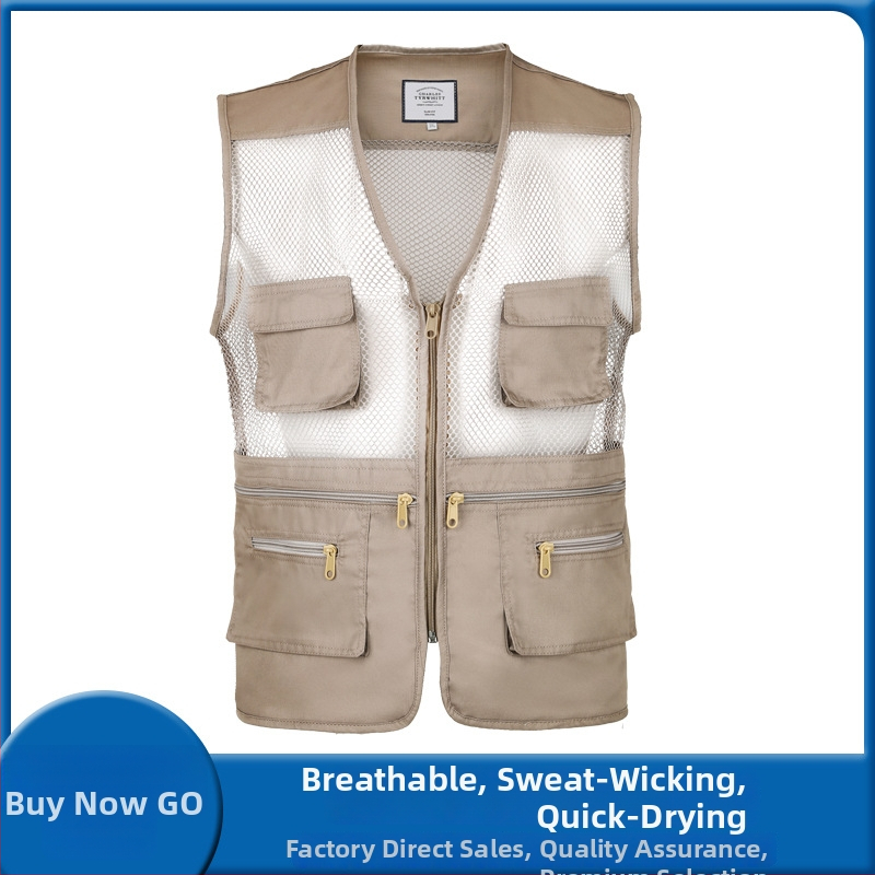 Mužská letná vesta, priedušná, ľahká, so zipsom, V výstrihom, voľný strih, viacero vreciek, vhodná pre všetky ročné obdobia, tkanina zo zmesi chemických vlákien s 60% spandexom, podšívka akryl