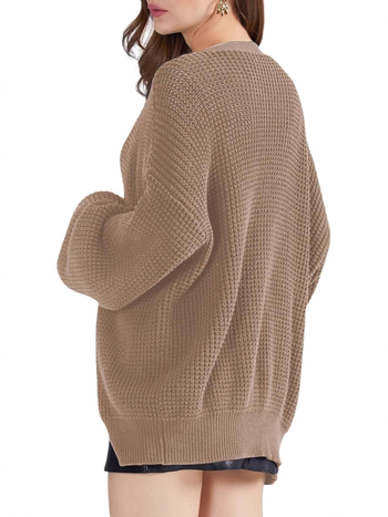 Dámsky dlhý cardigan pletený sveter; Bavlnená zmes s viskozou a polyesterom; Rukávy lampového strihu; V‑krk; Voľný strih; Stredná dĺžka 65–80 cm