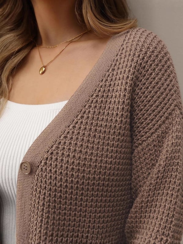 Dámsky dlhý cardigan pletený sveter; Bavlnená zmes s viskozou a polyesterom; Rukávy lampového strihu; V‑krk; Voľný strih; Stredná dĺžka 65–80 cm