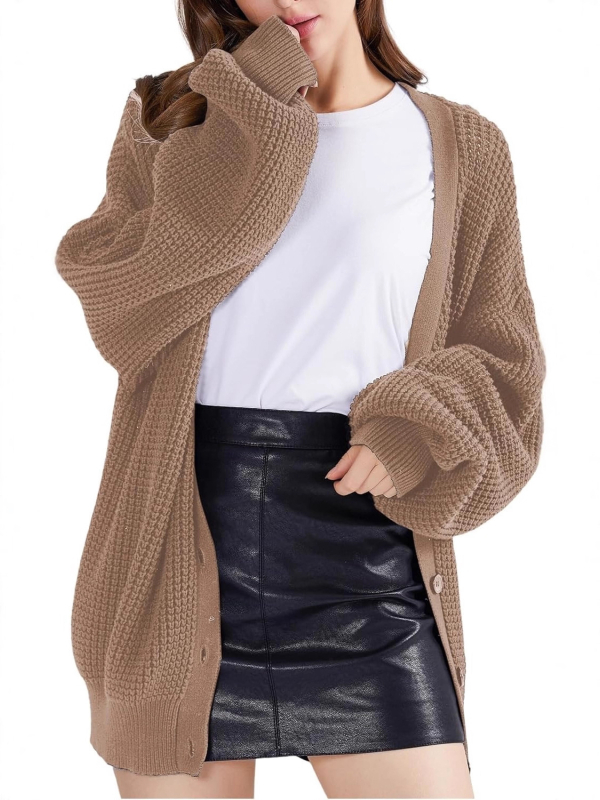 Dámsky dlhý cardigan pletený sveter; Bavlnená zmes s viskozou a polyesterom; Rukávy lampového strihu; V‑krk; Voľný strih; Stredná dĺžka 65–80 cm