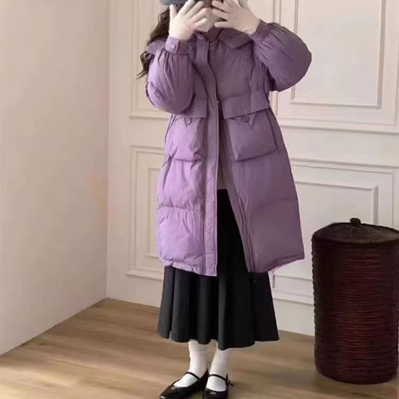 Ženska jakna s kapuljačom, srednje duljine, punjenje od bijelog pačjeg perja, poliester