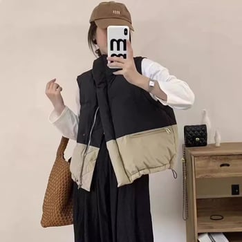 Ženská bavlnená vesta v kórejskom štýle, voľný strih, krátka dĺžka, patchwork so stojacim golierom, zips.