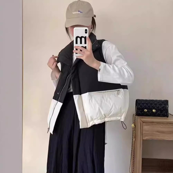 Ženská bavlnená vesta v kórejskom štýle, voľný strih, krátka dĺžka, patchwork so stojacim golierom, zips.