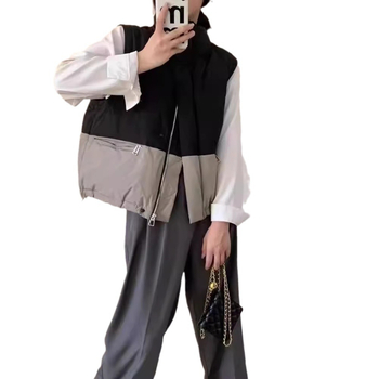 Ženská bavlnená vesta v kórejskom štýle, voľný strih, krátka dĺžka, patchwork so stojacim golierom, zips.