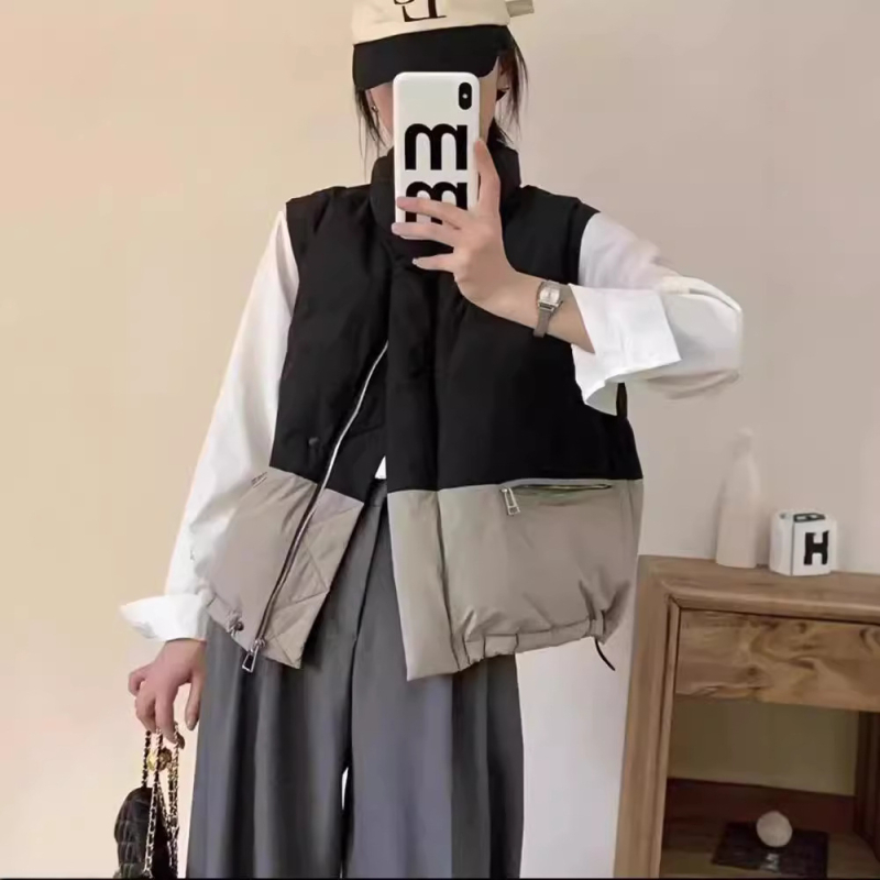 Ženská bavlnená vesta v kórejskom štýle, voľný strih, krátka dĺžka, patchwork so stojacim golierom, zips.