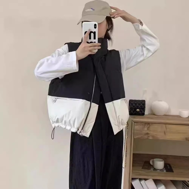 Ženská bavlnená vesta v kórejskom štýle, voľný strih, krátka dĺžka, patchwork so stojacim golierom, zips.