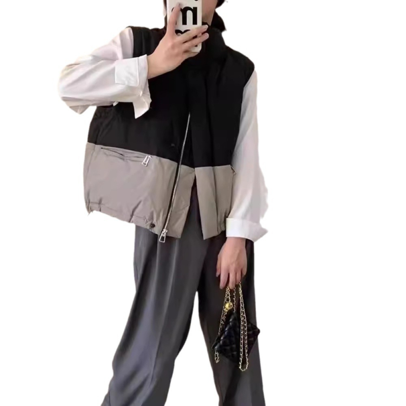 Ženská bavlnená vesta v kórejskom štýle, voľný strih, krátka dĺžka, patchwork so stojacim golierom, zips.