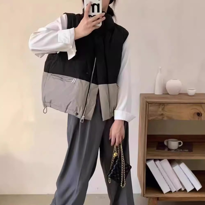 Ženská bavlnená vesta v kórejskom štýle, voľný strih, krátka dĺžka, patchwork so stojacim golierom, zips.