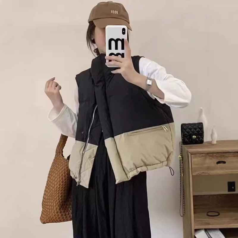 Ženská bavlnená vesta v kórejskom štýle, voľný strih, krátka dĺžka, patchwork so stojacim golierom, zips.