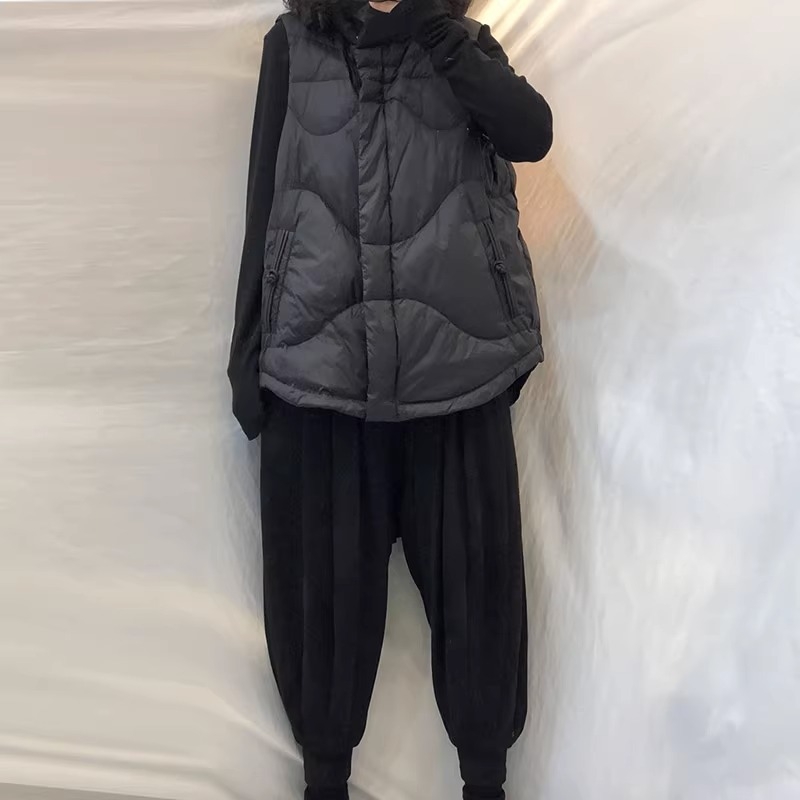 Dámska vesta s bavlnenou výplňou, kórejský štýl, stojací golier, zips, polyester-elastan látka, jednofarebný vzor, jeseň 2023