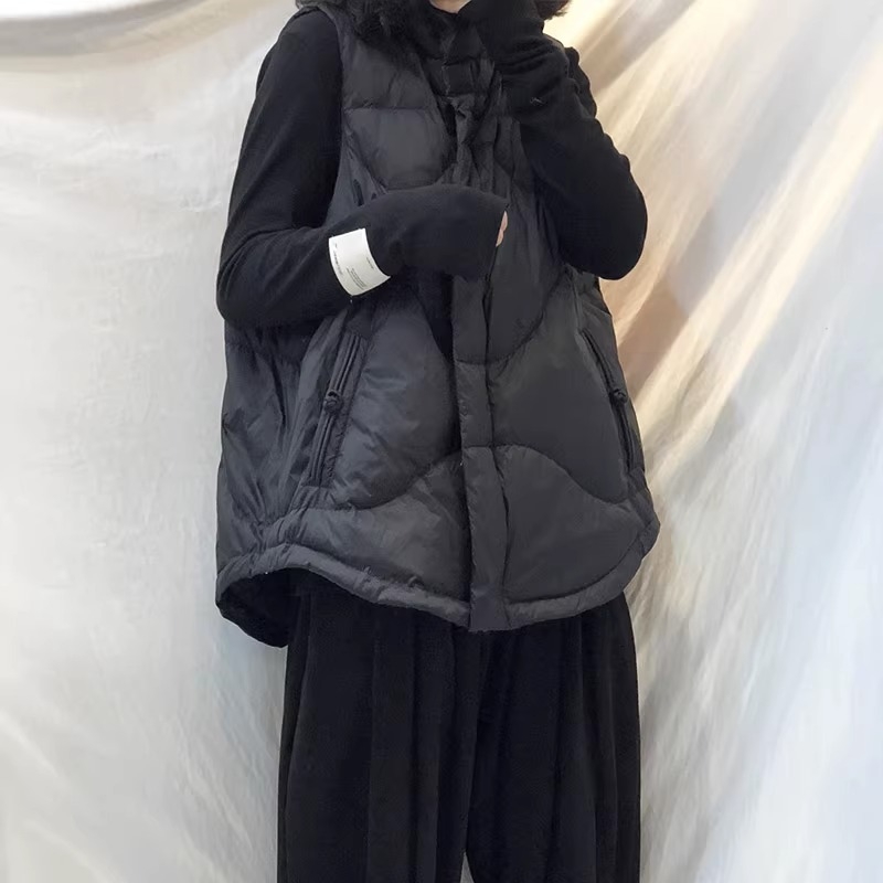 Dámska vesta s bavlnenou výplňou, kórejský štýl, stojací golier, zips, polyester-elastan látka, jednofarebný vzor, jeseň 2023