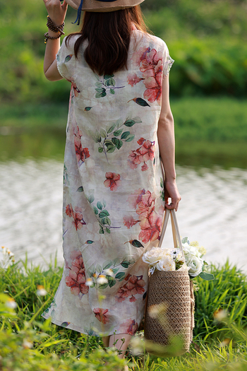 Ramie anyagú ruha virágmintával, ujjatlan, digitális nyomtatás, kínai retro stílus (Összetétel: 100% ramie; Minta: virágok; Feldolgozás: digitális nyomtatás; Stílus: kínai retro)