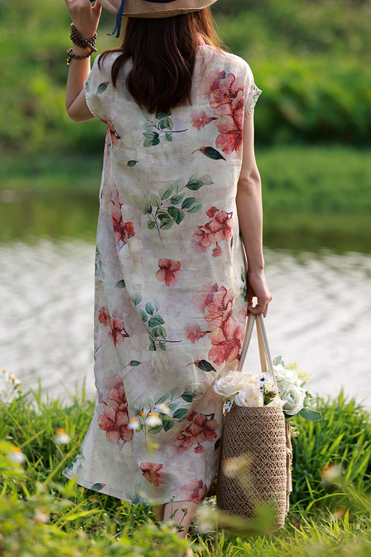 Ramie anyagú ruha virágmintával, ujjatlan, digitális nyomtatás, kínai retro stílus (Összetétel: 100% ramie; Minta: virágok; Feldolgozás: digitális nyomtatás; Stílus: kínai retro)