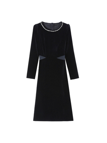 Bársonyos ruha Hepburn-stílusban, kerek nyakú, hosszú ujjú, A-vonalú, midi hosszúságú