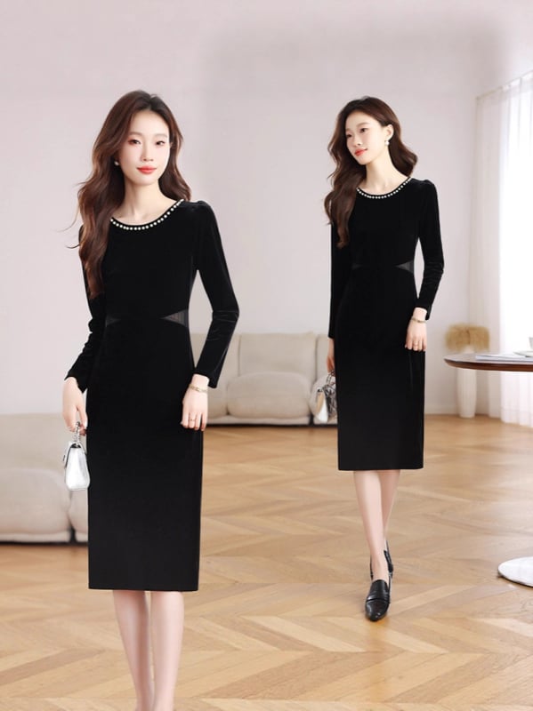 Bársonyos ruha Hepburn-stílusban, kerek nyakú, hosszú ujjú, A-vonalú, midi hosszúságú