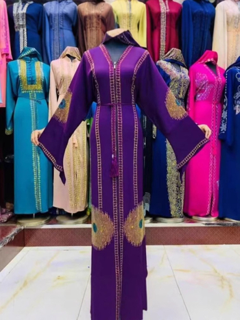 Tencel anyagú abaya ruha geometriai mintával, A-vonalú, kerek nyakú, hosszú ujjú