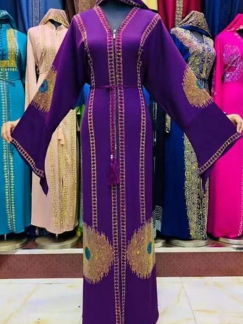 Tencel anyagú abaya ruha geometriai mintával, A-vonalú, kerek nyakú, hosszú ujjú