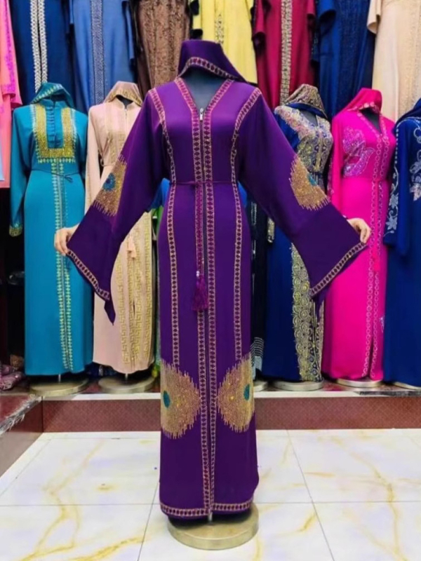 Tencel anyagú abaya ruha geometriai mintával, A-vonalú, kerek nyakú, hosszú ujjú