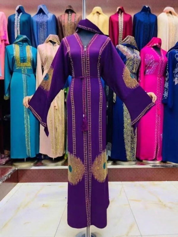Tencel anyagú abaya ruha geometriai mintával, A-vonalú, kerek nyakú, hosszú ujjú