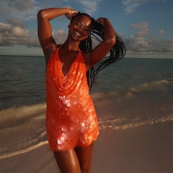 Φόρεμα από πολυεστέρα με τιράντες, V-λαιμός, χωρίς μανίκια, χαμηλή μέση, καλοκαιρινό μοντέλο 2025