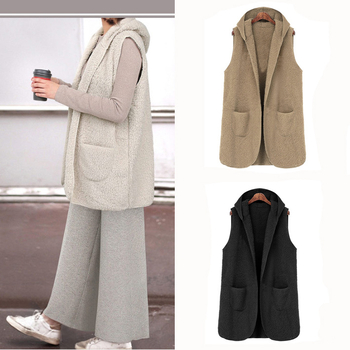 Dámska vesta s kapucňou z jahňacej vlny, plyšová, stredná dĺžka, kardigán štýl