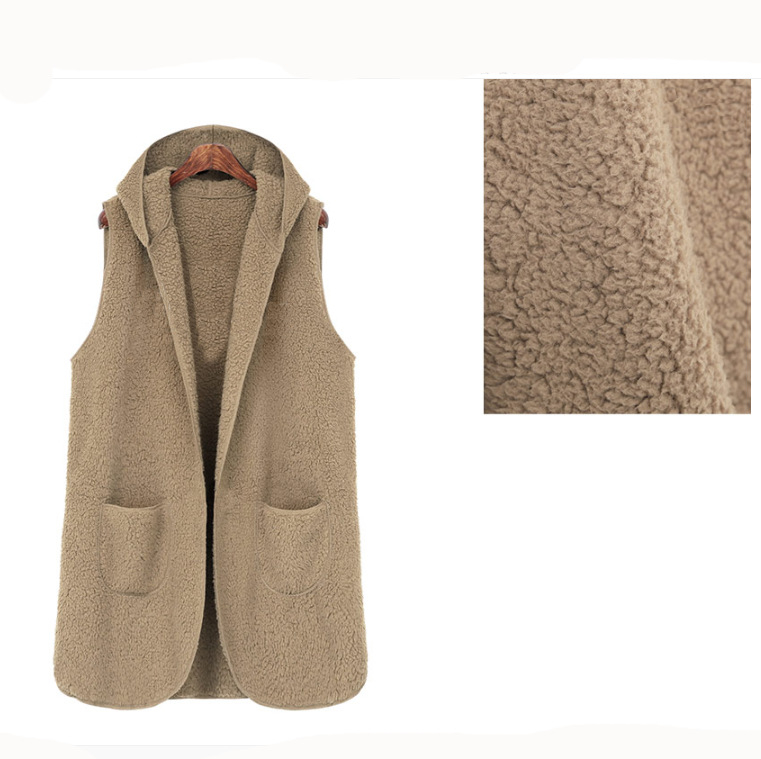Dámska vesta s kapucňou z jahňacej vlny, plyšová, stredná dĺžka, kardigán štýl