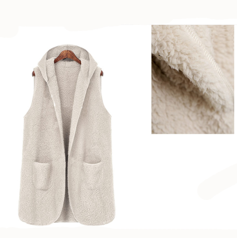 Dámska vesta s kapucňou z jahňacej vlny, plyšová, stredná dĺžka, kardigán štýl