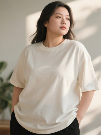 Plus izmēra sieviešu kokvilnas adījuma T-krekls ar īsām piedurknēm, apaļa kakla, izšūts karikatūru raksts, brīvs siluets