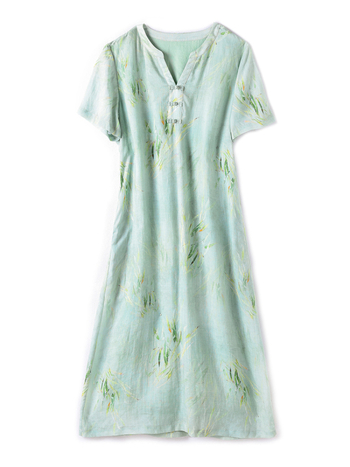 Ramie anyagú ruha növény- és virágmintával, V-nyakú, rövid ujjú, középmagas derekú, hosszú ruha