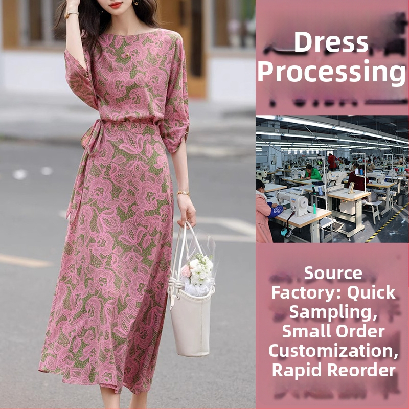 Pletēta kleita ar apdruku — OEM un paraugu ražošana, zīmējumu balstīta ražošana, vidējā kvalitāte, 3-5 paraugu pārbaudes cikli, 7 dienu izpildes termiņš, jauda 1000, materiāli: kokvilna, zīds, šifons, poliester.