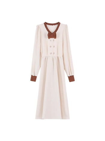 Csíkos V-nyakú, dupla gombsorral ellátott, hosszú ujjú, A-vonalú midi ruha