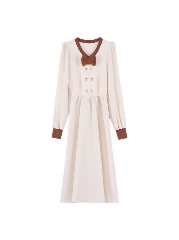 Csíkos V-nyakú, dupla gombsorral ellátott, hosszú ujjú, A-vonalú midi ruha