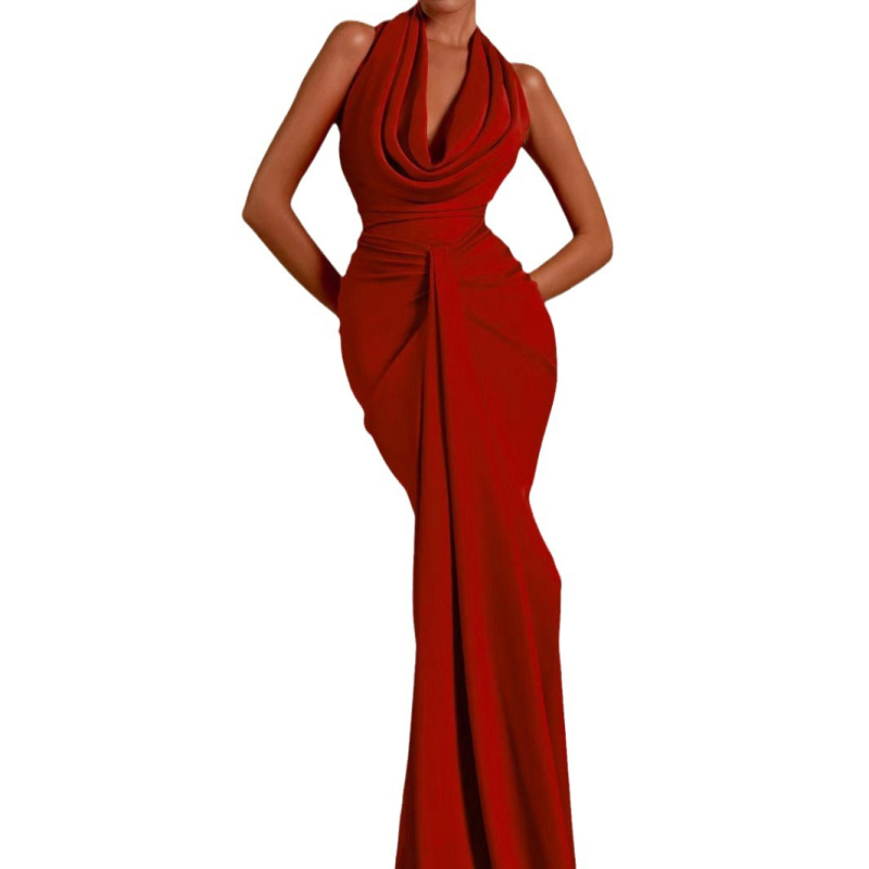 Halter nyakú ruha V-nyakúval, ujjatlan, Wrap Hip Skirt szabás, Ice Silk Wrinkles anyag, tömör mintázat