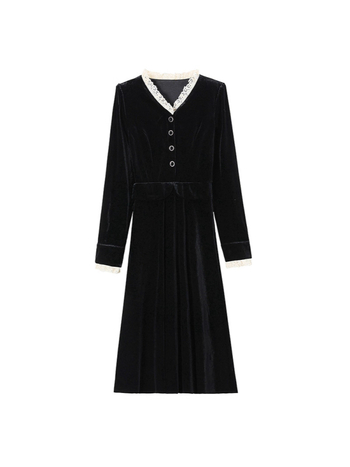 Velúr ruha V-nyakkal, hosszú ujjú, A-vonalú sziluett, közepes hosszúságú