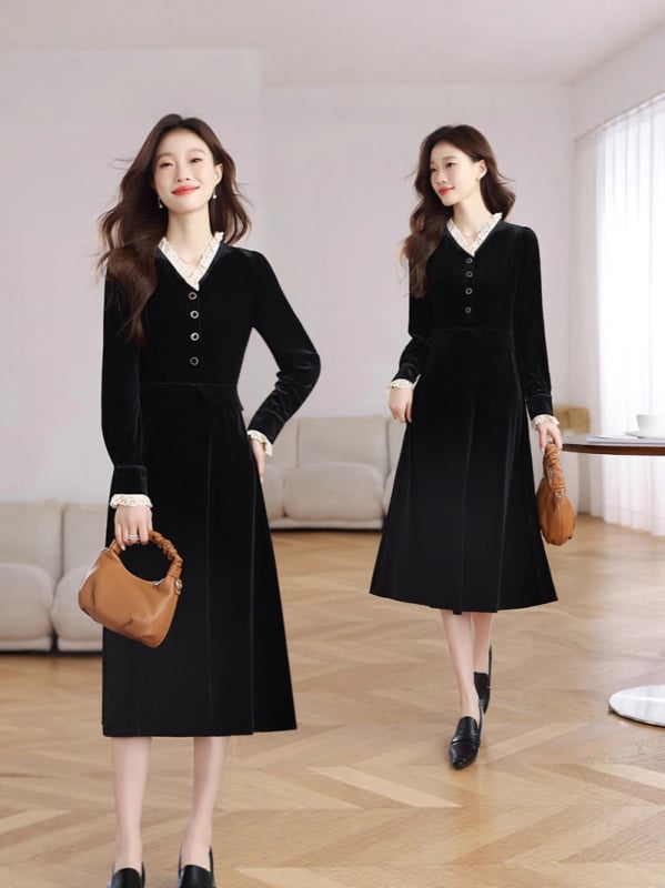 Velúr ruha V-nyakkal, hosszú ujjú, A-vonalú sziluett, közepes hosszúságú