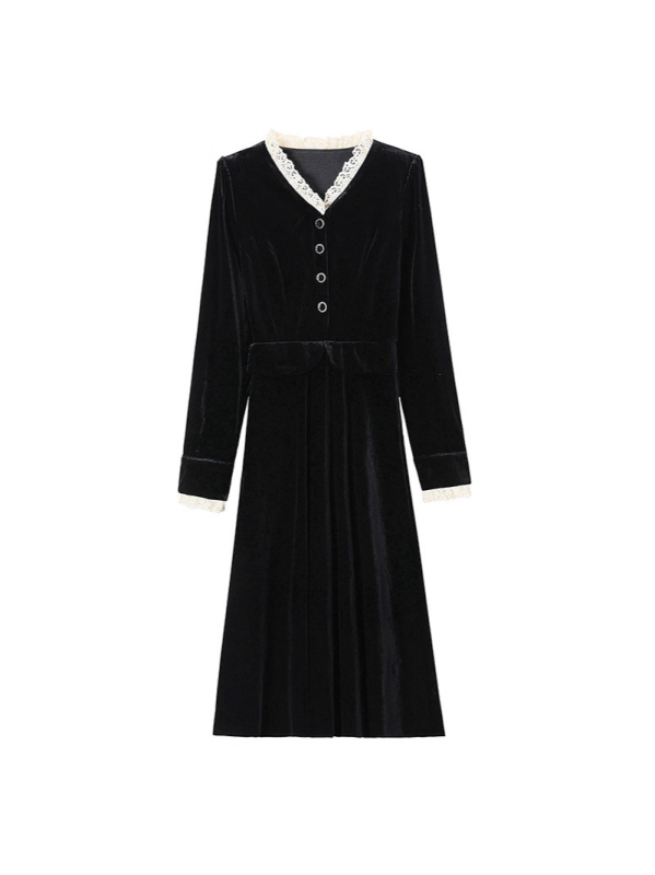 Velúr ruha V-nyakkal, hosszú ujjú, A-vonalú sziluett, közepes hosszúságú