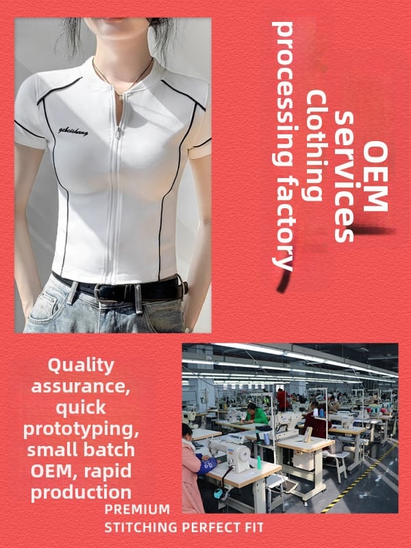 Ženski izvezeni pleteni top s okruglim ovratnikom i zatvaračem, kratki rukav (OEM; obrada uzorka i pocrtima; 5–7 dana probnog procesa; kapacitet 700 kom; srednja razina proizvodnje; 7 dana rok)