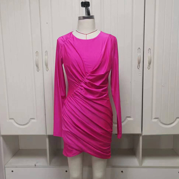 Haljina od poliestera, jednobojna, dugi rukavi, okrugli izrez, struk s naborima