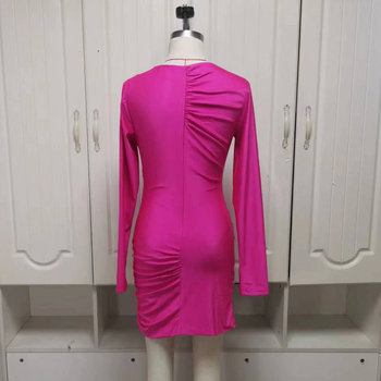 Haljina od poliestera, jednobojna, dugi rukavi, okrugli izrez, struk s naborima