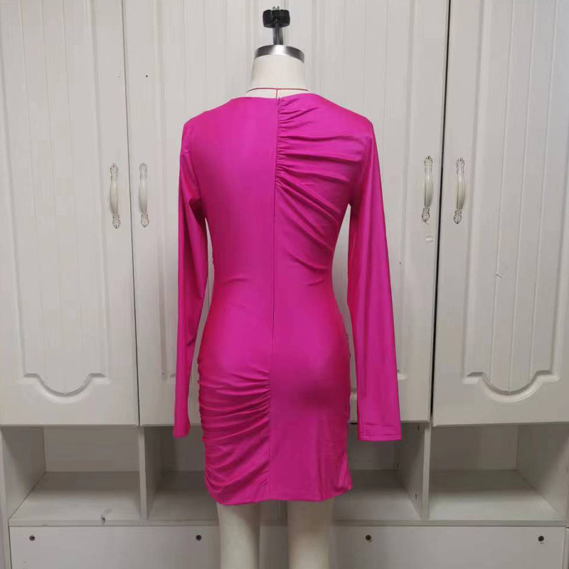 Haljina od poliestera, jednobojna, dugi rukavi, okrugli izrez, struk s naborima