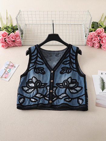 Plus-size ženski džins vest - V-izrez, kratka silueta, 3D uzorak, poliester materijal, prednje kopče, jesen 2025