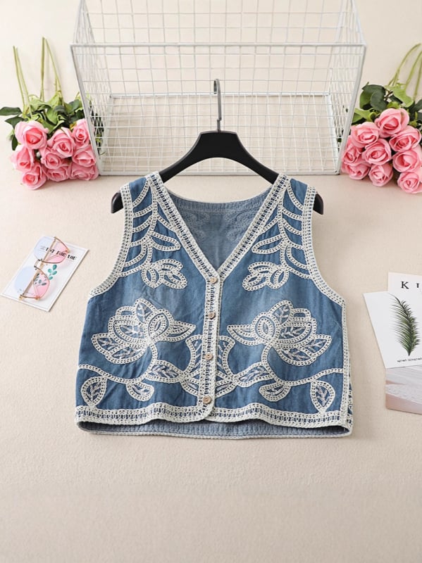 Plus-size ženski džins vest - V-izrez, kratka silueta, 3D uzorak, poliester materijal, prednje kopče, jesen 2025