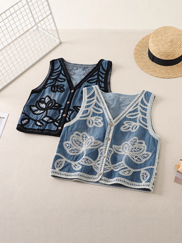 Plus-size ženski džins vest - V-izrez, kratka silueta, 3D uzorak, poliester materijal, prednje kopče, jesen 2025