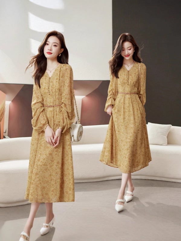 Virágos A-vonalú ruha V-nyakkal, hosszú ujjak, középmagas hosszúságú ruha, virágos mintázat