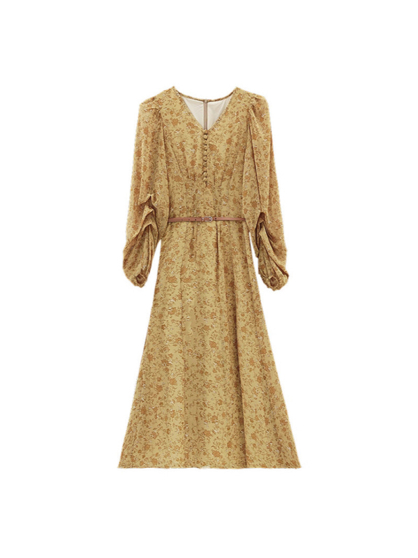 Virágos A-vonalú ruha V-nyakkal, hosszú ujjak, középmagas hosszúságú ruha, virágos mintázat