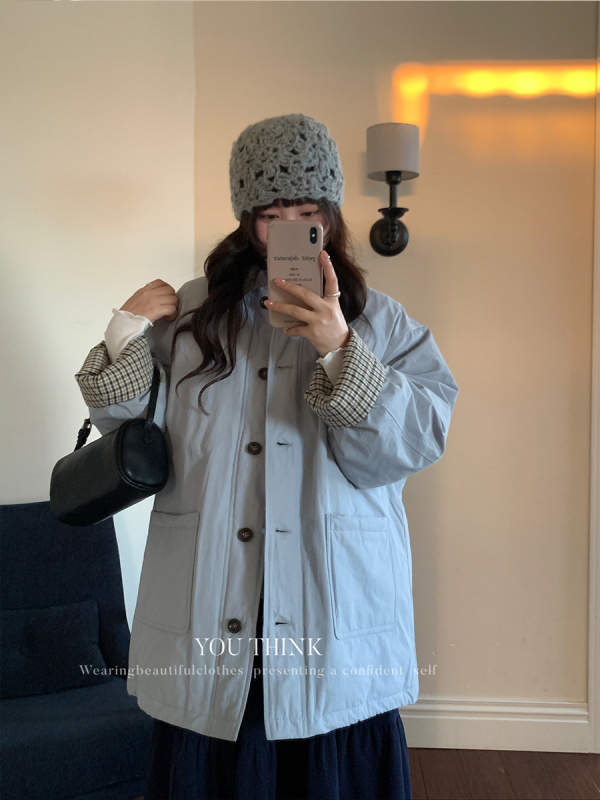 YOU THINK Ženska jakna od perja s krznenim ovratnikom, debela toplina, punjenje od bijelog patka perja 101-200 g, srednja duljina, slobodan kroj, korejsko-japanski stil