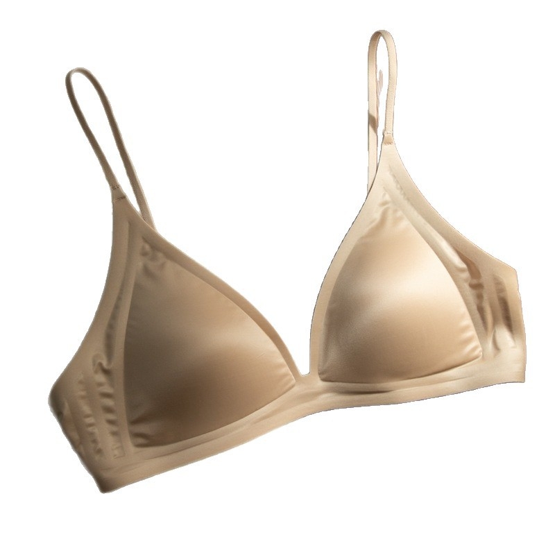 Bevielė trikampio formos liemenėlė iš pieno satino nailono, gilus V formos iškirptė, plonos petnešėlės, be siūlių, plonas formuojamas kaušelis