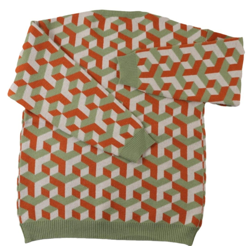 Džemper s kariranim žakardom, udoban slobodan kroj, okrugli izrez, mješavina krzna kunića i poliestera