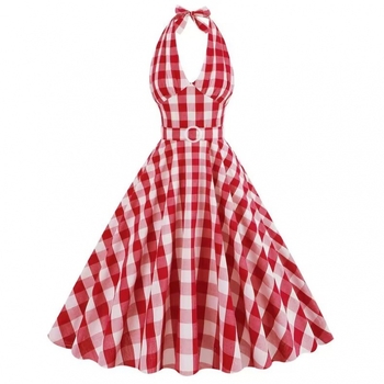 Haljina od tkanine, halter vrat, karirani uzorak, tkanina; za žene srednje dobi i starije; obrada po crtežima; glavni materijal: druge tkanine, druge mješavine denima; prilagodba dostupna